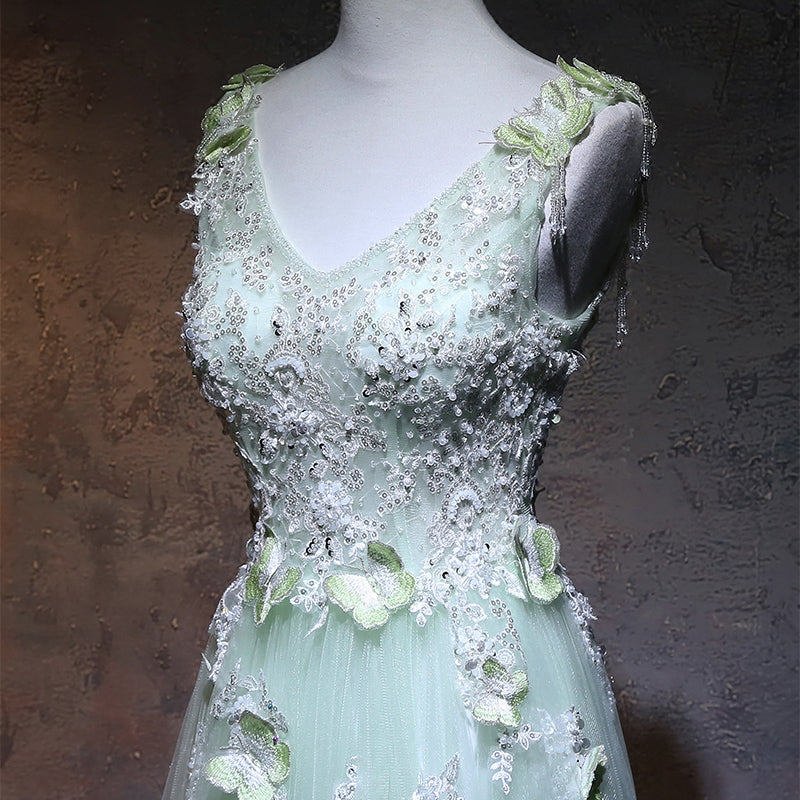 Beautiful Light Green V-neckline Tulle Party Gown, A-line Tulle Prom Dress