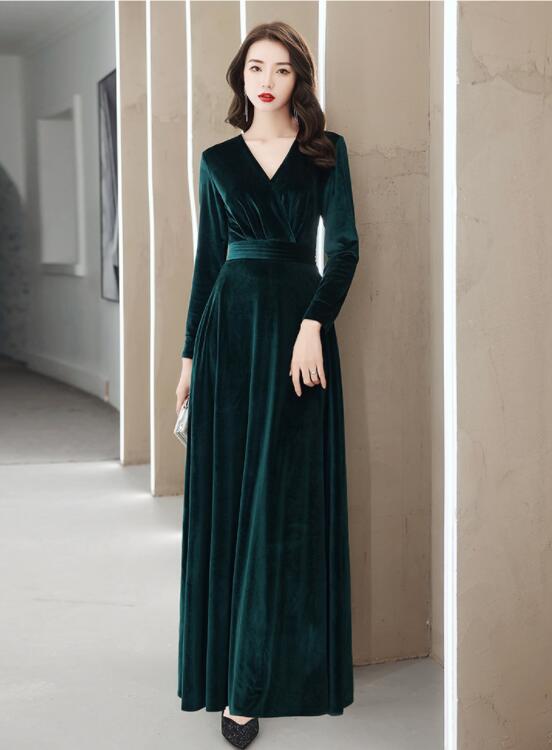 Velvet Long Sleeve Slim V-neck Dress main image 1