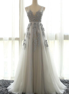 Grey Bridesmaid Dresses, Tulle Prom Dress with Applique Prom Dresses , Evening Formal Dresses