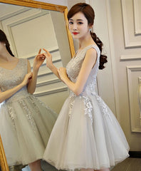Lovely Grey Lace and Tulle Bridesmaid Dress, Grey Homecoming Dress