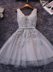 Grey Homecoming Dresses , Sexy Short Prom Dresses, Lace and Tulle Dresses