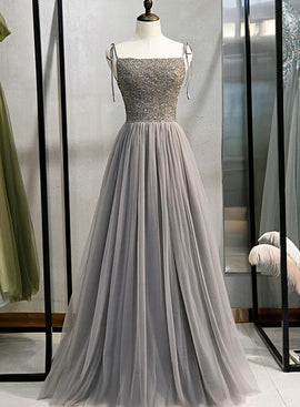 Grey Tulle Beaded Straps A-line Long Formal Dress, New Prom Dress Party Dress