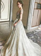 Grey Tulle Long Sleeve Prom Dresses V-neck A-line, Embroidery Prom Dress Long Evening Dress