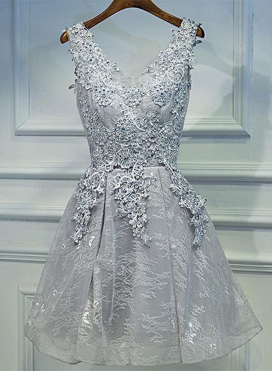Light Grey Short V-neckline Lace Applique Party Dress, Grey Homecoming Dress 2021