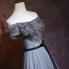 Charming Grey A-line Off Shoulder Prom Dress, Floor Length Formal Dress