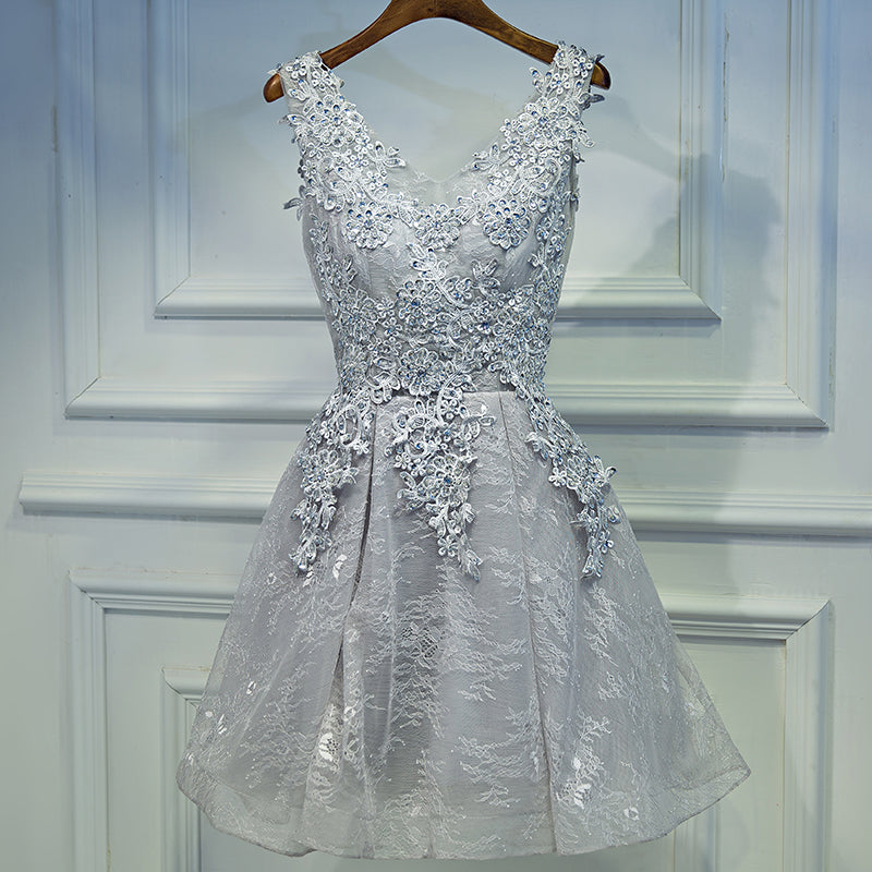Light Grey Short V-neckline Lace Applique Party Dress, Grey Homecoming Cutedressy Light Grey Short V-neckline Lace Applique Party Dress, Grey Homecoming Cutedressy