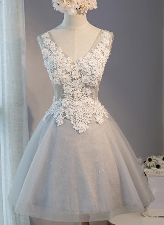 Light Grey Knee Length Tulle and Lace Party Dress, Grey Homecoming Dre Cutedressy Light Grey Knee Length Tulle and Lace Party Dress, Grey Homecoming Dre Cutedressy