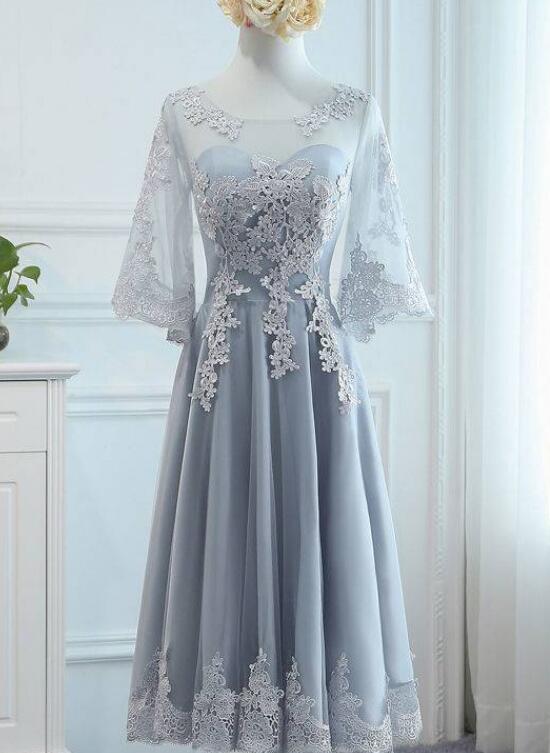 Lovely Tulle Grey Tea Length Party Dress with Lace, Short Formal Dress Prom Dress