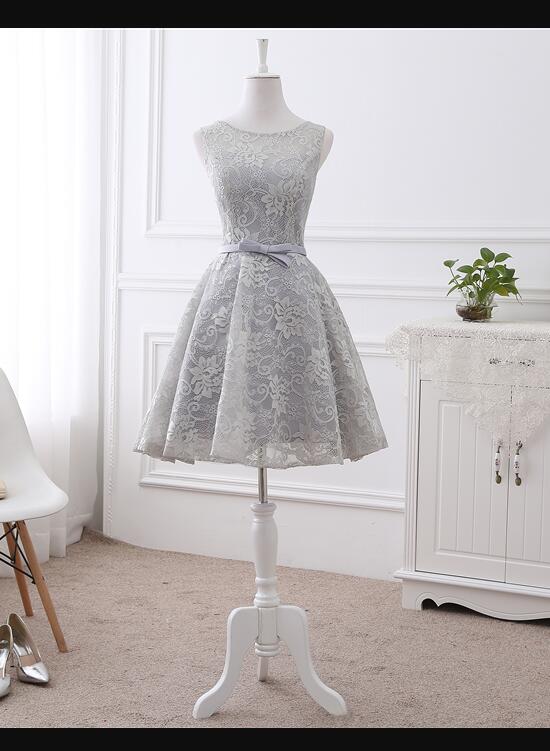 Cute Short Grey Lace Briesmaid Dress, Knee Length Homecoming Dress Short Prom Dress