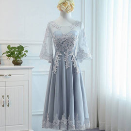 Lovely Tulle Grey Tea Length Party Dress with Lace, Short Formal Dress Prom Dress