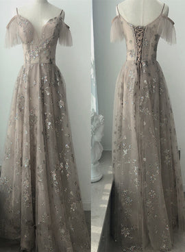 Beautiful Light Champagne Straps Long Party Dress, A-line Floor Length Prom Dress