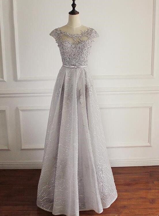 Beautiful Sliver Grey Tulle Lace A-line Simple Prom Dress, Long Cap Sleeves Party Dress
