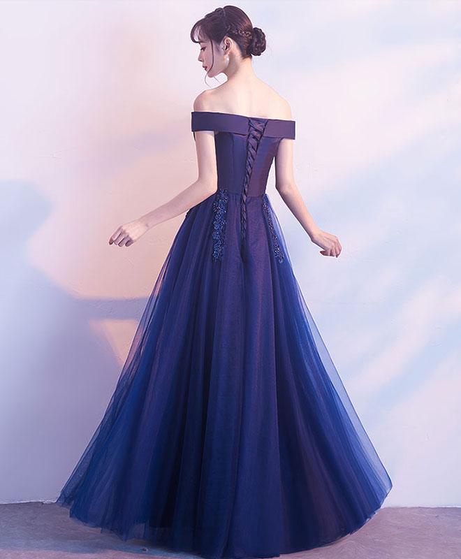 Navy Blue Stain Top with Tulle Skirt Off Shoulder Long Formal Dress, Blue Party Gowns, Prom Dress
