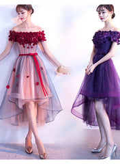 Adorable High Low Tulle Off Shoulder Flowers Party Dress, Cute Homecoming Dress