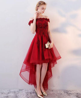 Dark Red High Low Tulle Homecoming Dress with Lace, Wine Red Prom Dress