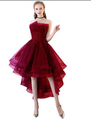 Chic High Low Dark Red Tulle Short Prom Dress with Lace Applique, Tulle Prom Dress