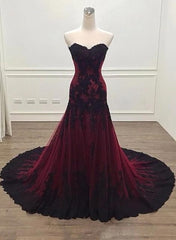 Black and Red Sweetheart Tulle with Lace Glam Evening Gown Party Dress, Long Formal Dress