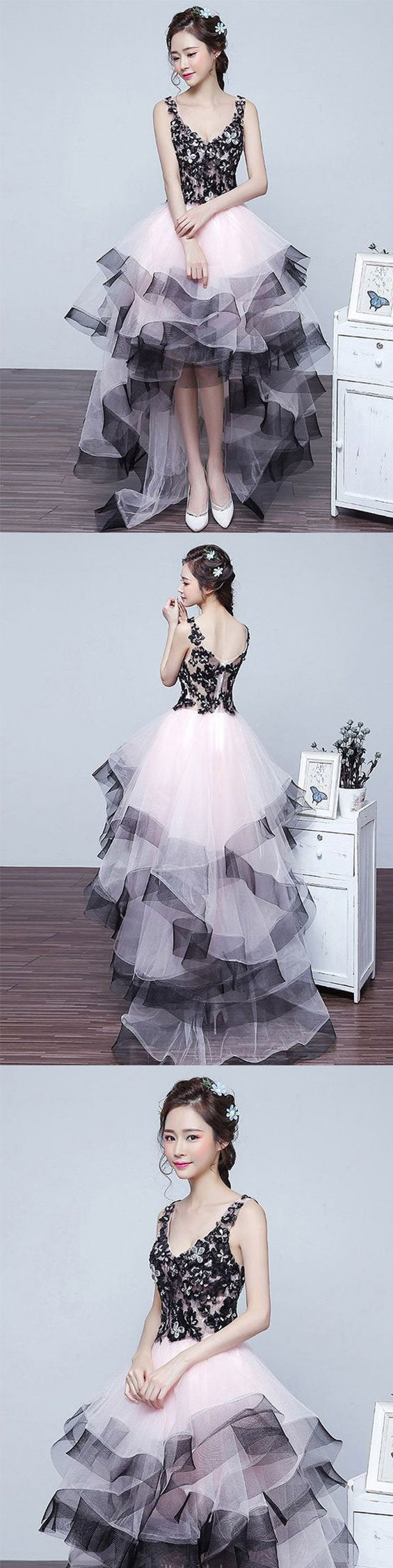 Charming Pink High Low Dress with Black Applique, Lovely Formal Dress, Homecoming Dresses