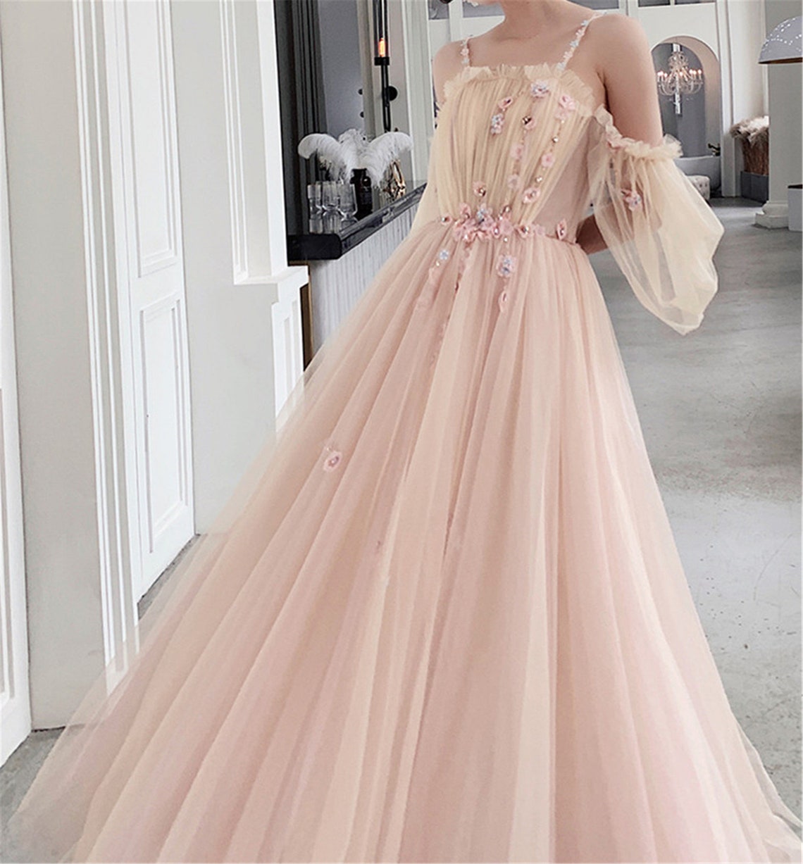 dreamy dress prom Puff-Sleeve Strapless Sweetheart Long A-Line Prom Dress Lilac / Large