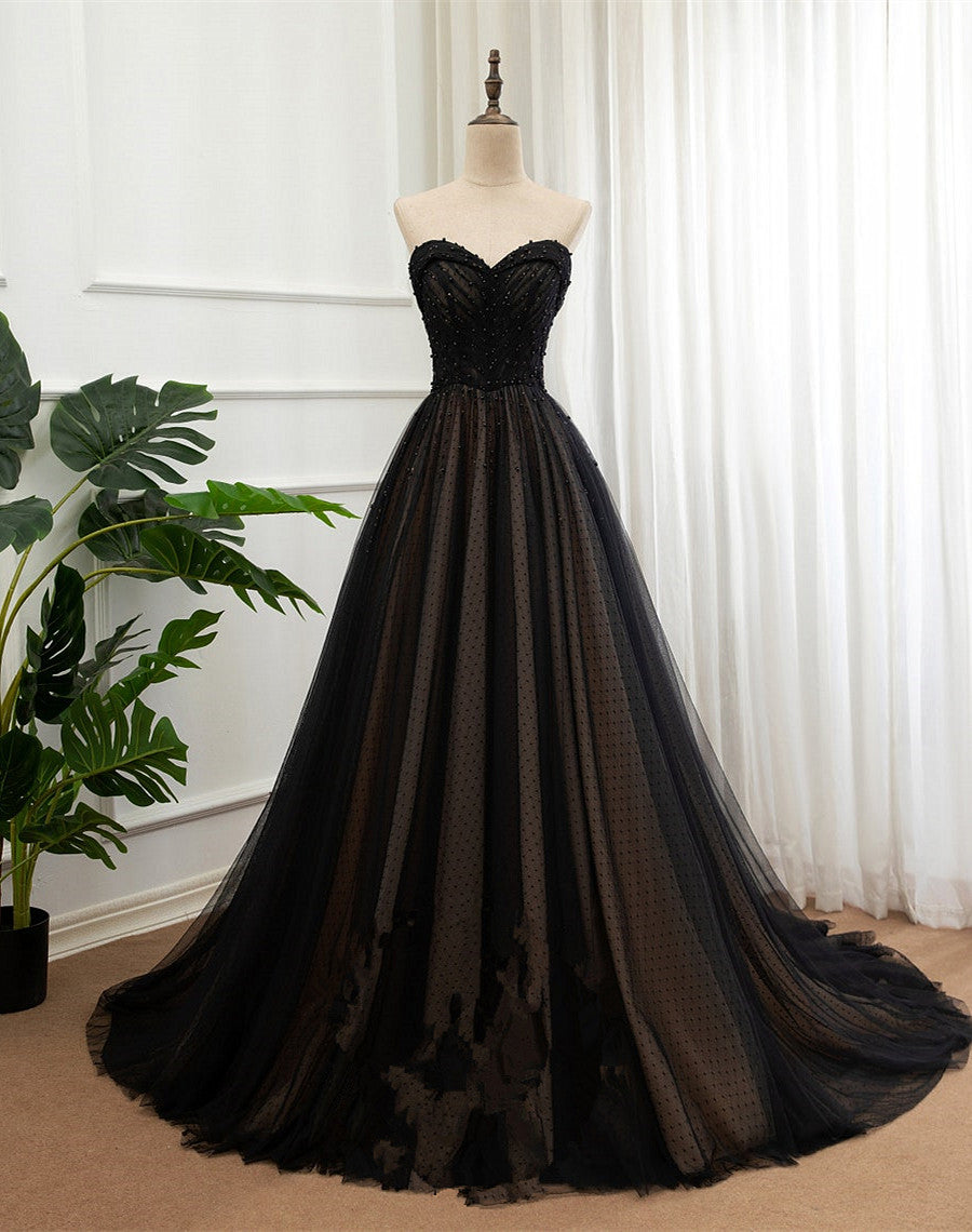Black Beaded Tulle Sweetheart Long Party Dress, Tulle A-line Formal Dress Prom Dress
