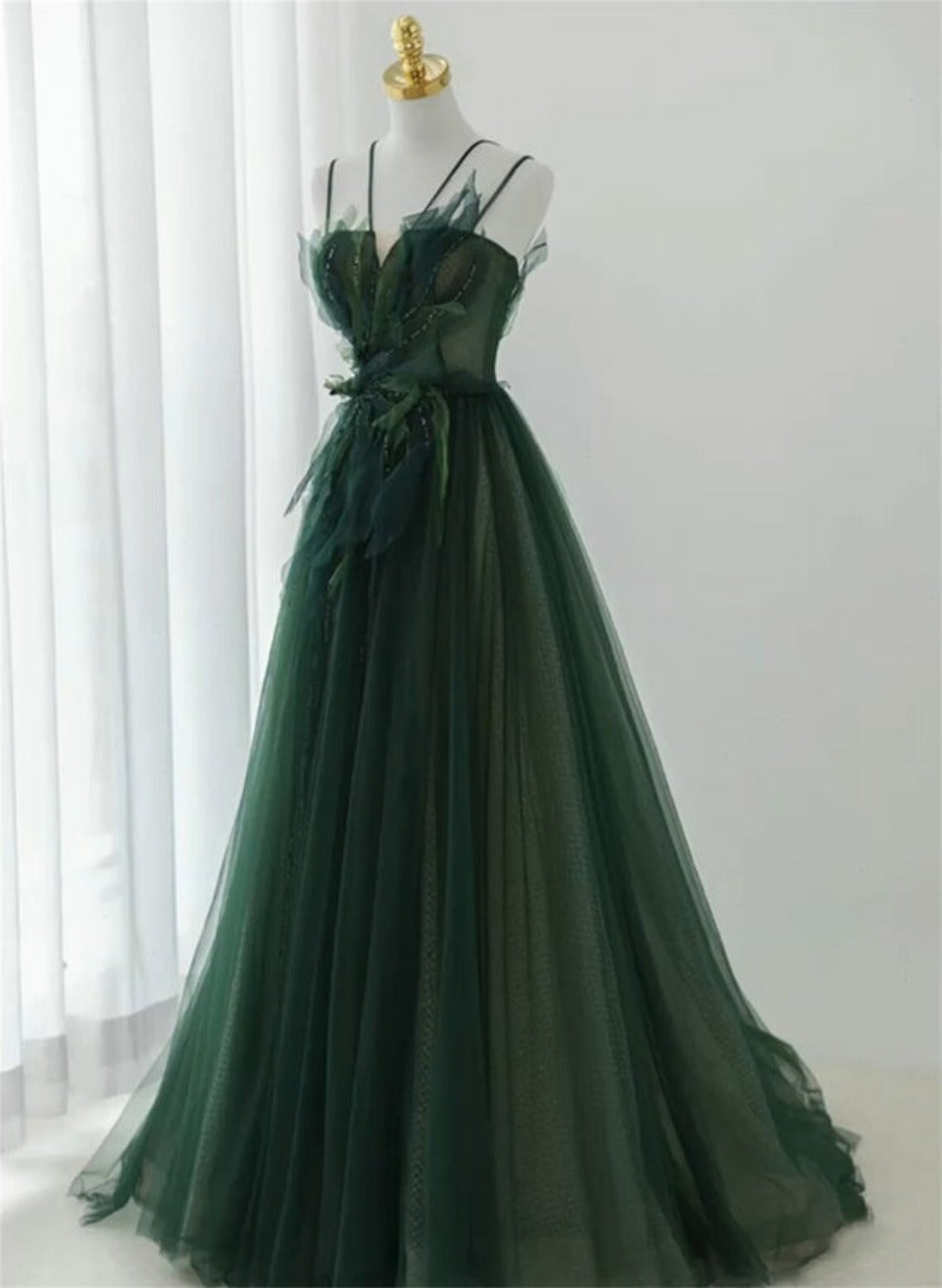 Dark Green Beaded Tulle A-line Prom Dress, Green Evening Formal Dress