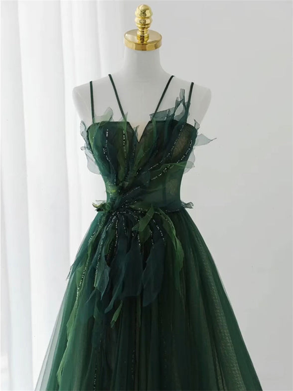 Dark Green Beaded Tulle A-line Prom Dress, Green Evening Formal Dress Cutedressy Dark Green Beaded Tulle A-line Prom Dress, Green Evening Formal Dress Cutedressy
