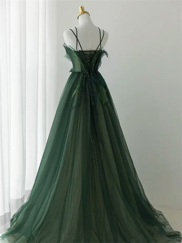 Dark Green Beaded Tulle A-line Prom Dress, Green Evening Formal Dress