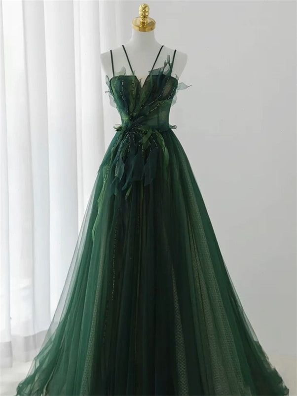 Dark Green Beaded Tulle A-line Prom Dress, Green Evening Formal Dress Cutedressy Dark Green Beaded Tulle A-line Prom Dress, Green Evening Formal Dress Cutedressy