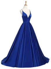 Royal Blue Sexy Backless Satin V-neckline Long Party Gowns, Satin Party Dresses, Sexy Formal Dresses