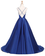 Royal Blue Sexy Backless Satin V-neckline Long Party Gowns, Satin Party Dresses, Sexy Formal Dresses