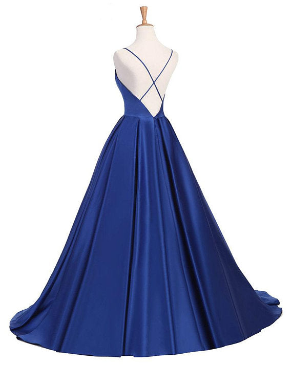 Royal Blue Sexy Backless Satin V-neckline Long Party Gowns, Satin Party Dresses, Sexy Formal Dresses