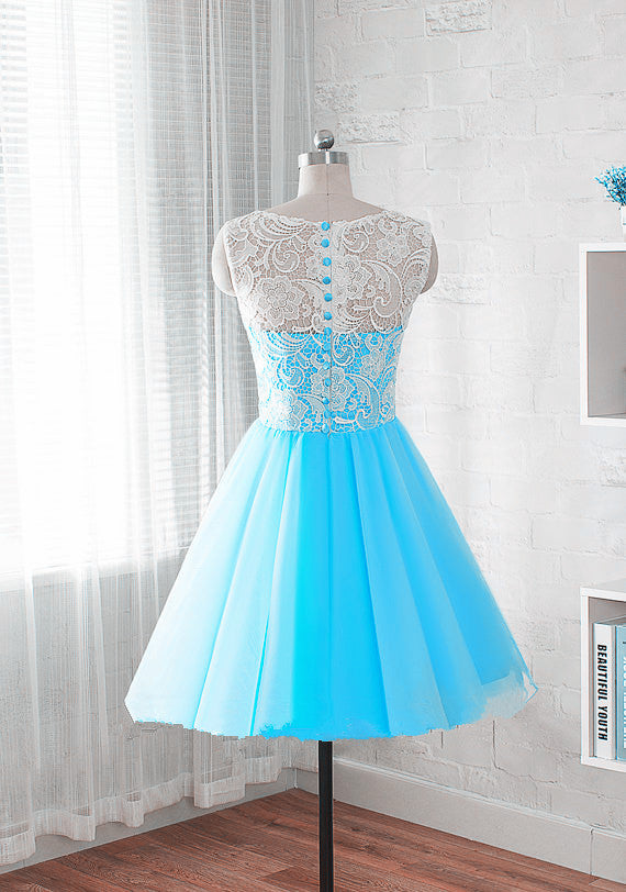Blue Short Lace Party Dresses, Teen Formal Dresses, Junior Party Dresses