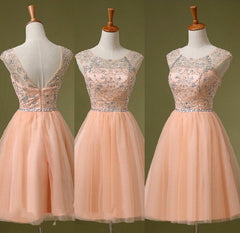 Adorable Pearl Pink Beaded Knee Length Party Dress, Pink Tulle Homecoming Dress