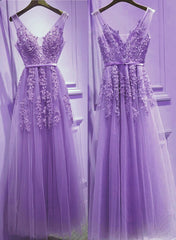 Beautiful Light Purple Tulle V-neckline Party Dress , Tulle Formal Gowns