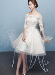 Lovely Ivory Short Tulle Prom Dress 2021, Off Shoulder Party Dress with Lace