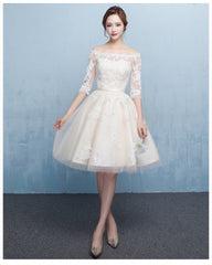 Lovely Ivory Short Tulle Prom Dress 2021, Off Shoulder Party Dress with Lace