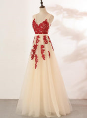 Ivory Tulle with Red Lace Applique V-neckline Prom Dress, Tulle V Back Formal Dress, Evening Dress