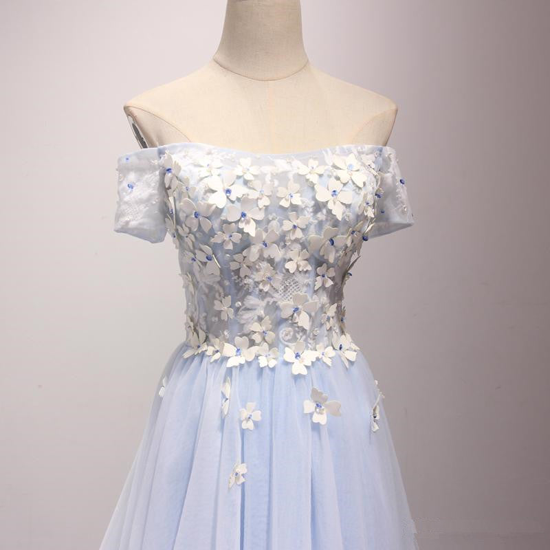 Light Blue Off Shoulder Flowers High Low Party Dress, Tulle Formal Dress Prom Dress