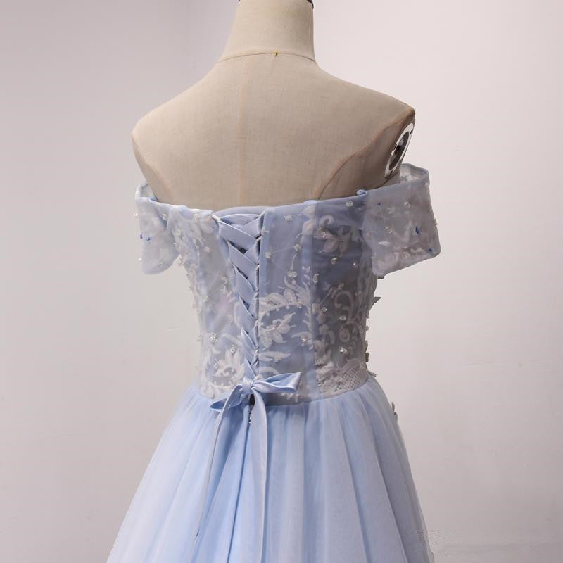 Light Blue Off Shoulder Flowers High Low Party Dress, Tulle Formal Dress Prom Dress