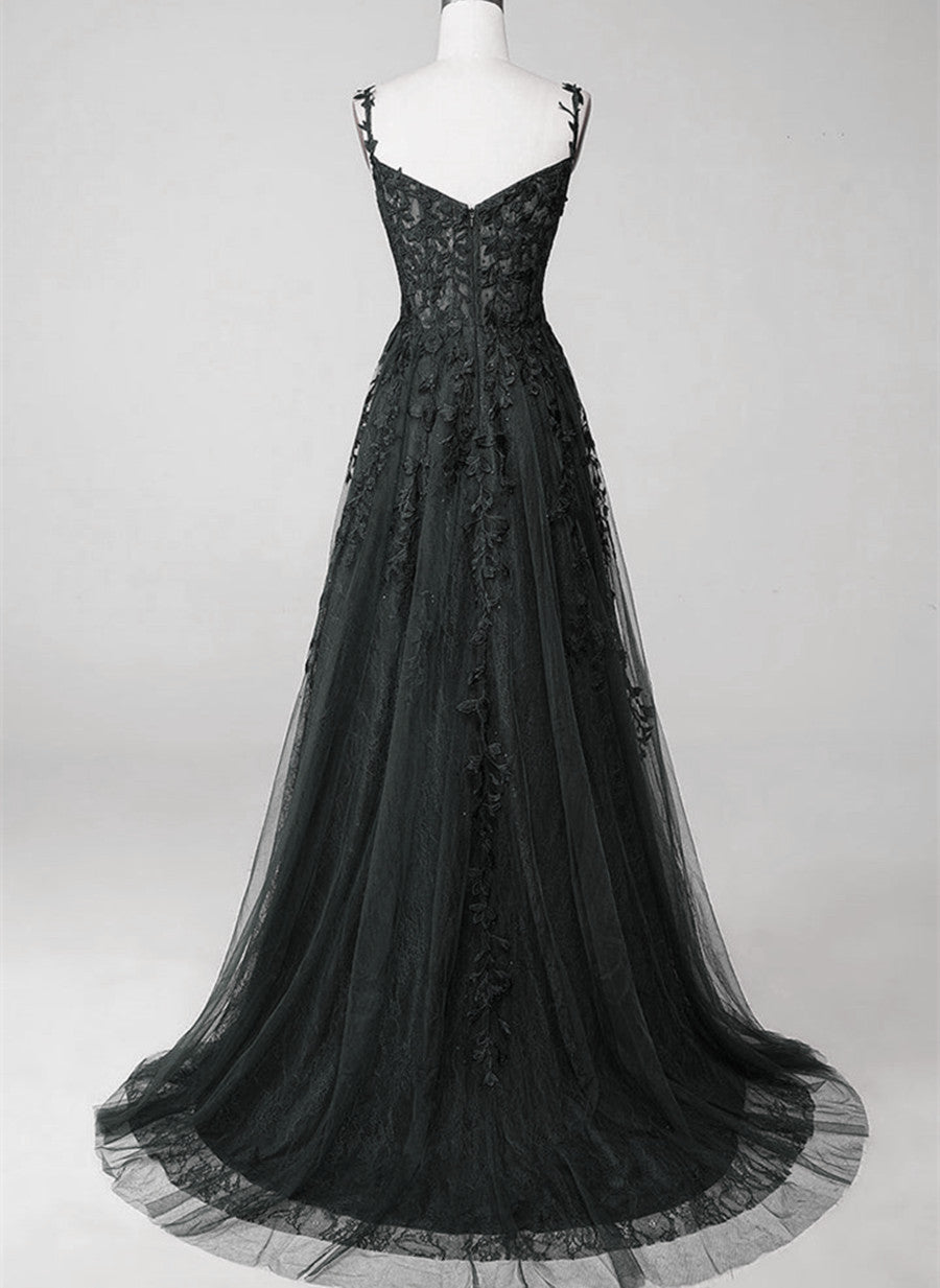 Black Sweetheart Tulle with Lace Long A-line Prom Dress, Black Formal Dress