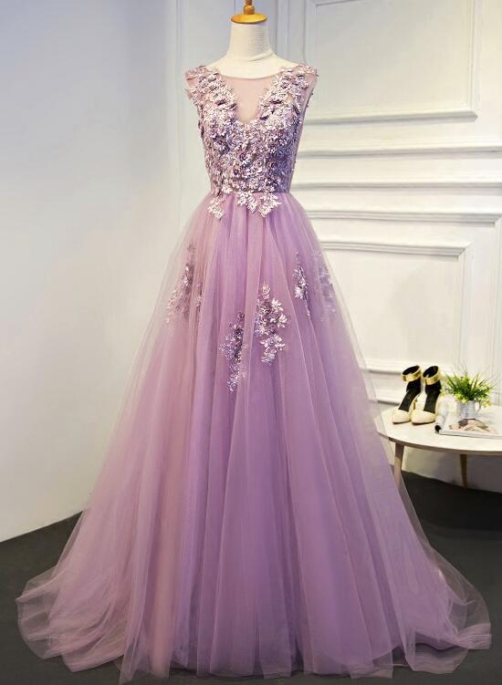 Light Purple Tulle Prom Dresses , Gorgeous Prom Dresses, V-neckline Formal Dresses