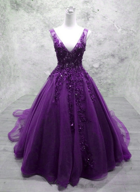 Glam Purple V-neckline Tulle Beaded and Lace Formal Gown, Purple Long Prom Dresses