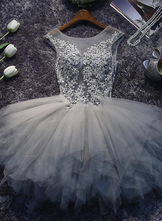 Grey Lace and Tulle Homecoming Dresses, Lovely Short Party Dress, Formal Dresses