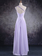 Light Purple One Shoulder Lace Applique Chiffon Party Dress, A-line Bridesmaid Dress