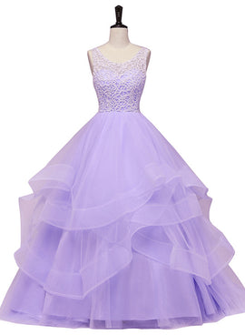 Lavender Tulle with Lace Ruffled Long Formal Gown, Ball Gown Sweet 16 Dress
