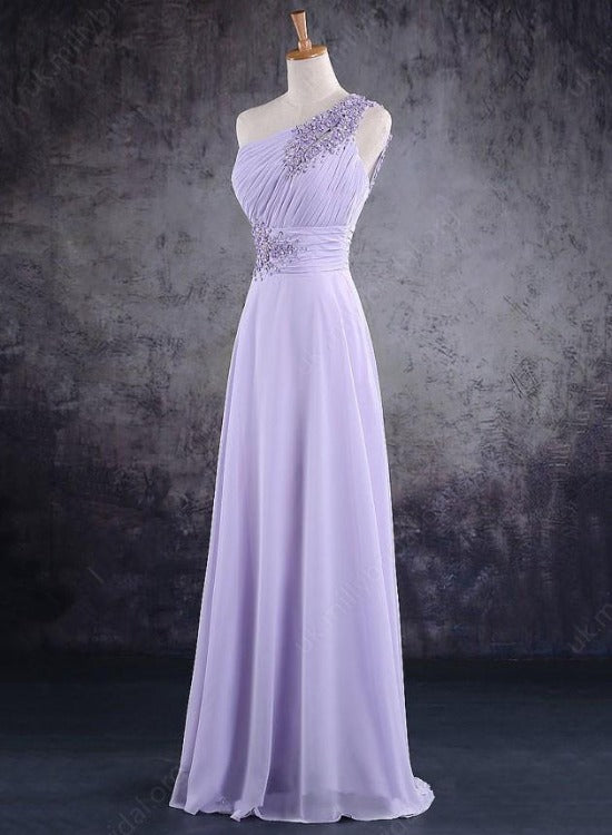 Light Purple One Shoulder Lace Applique Chiffon Party Dress, A-line Bridesmaid Dress