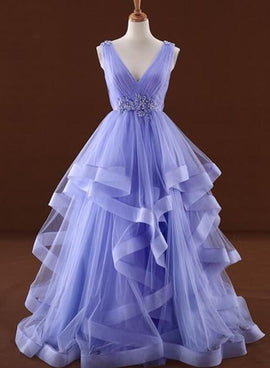 Lavender Tulle V-Neckline Layers Long Sweet 16 Dress, Light Purple Prom Dress Party Dress