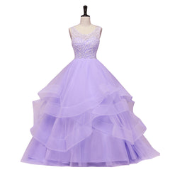 Lavender Tulle with Lace Ruffled Long Formal Gown, Ball Gown Sweet 16 Dress