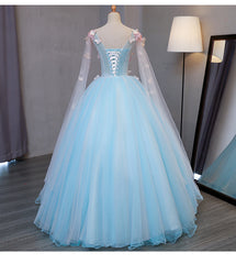 Lovely Blue V-neckline Tull Ball Gown Formal Dress, Blue Party Dress with Pink Lace