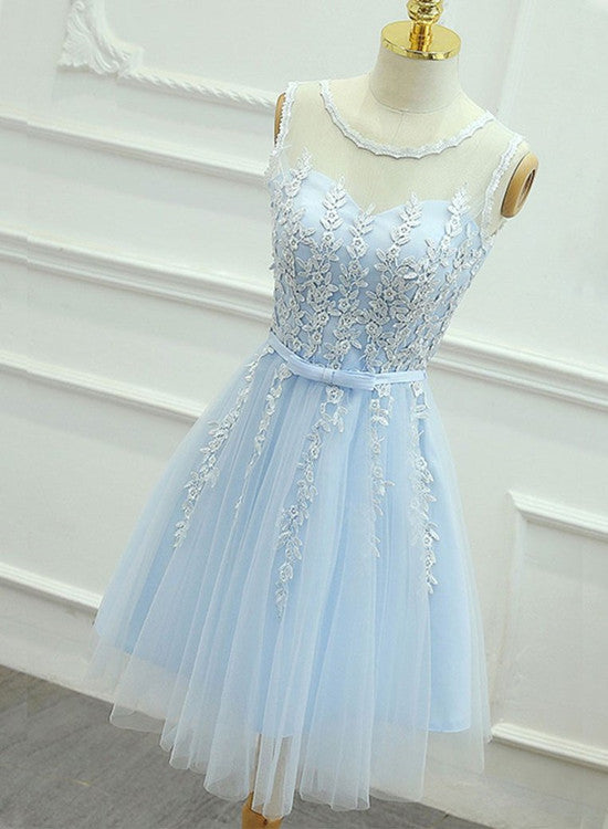 Light Blue Round Neckline Short Pretty Homecoming Dresses, Light Blue Wedding Party Dresses